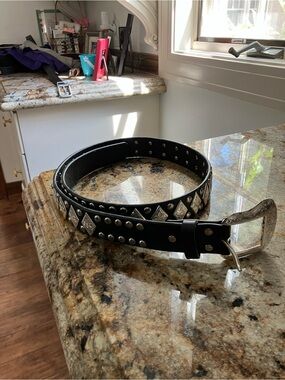 Black Studded Leather Western Belt with Silver Diamond Conchos
